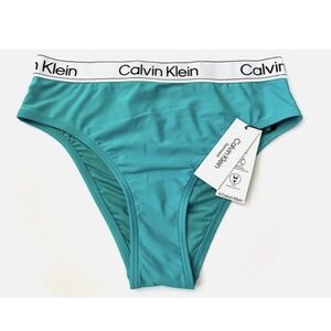 Calvin Klein Swim Bikini Bottom Teal w/ White Logo Band High Waist CGCBS394